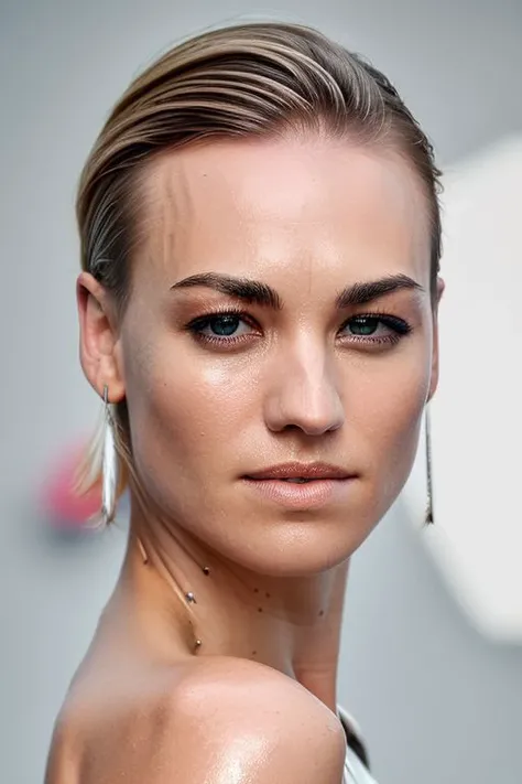 full color photography of skswoman, undercut hair, oiled shiny skin,
masterpiece, best quality, sharp focus, 8k highres, ultra-detailed, rim light, (grey background:1.0), 
 <lora:Yvonne StrahovskiV3:1>