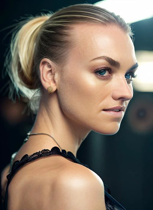 portrait of skswoman, stubborn , wearing luxury fashion , with Ponytail , background war epic (photo, studio lighting, hard light, sony a7, 50 mm, matte skin, pores, colors, hyperdetailed, hyperrealistic), <lyco:Yvonne StrahovskiV3:1.2>
