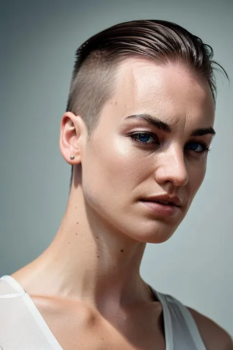 full color photography of skswoman, (slick undercut hair:1.0), (tilted angle, dutch angle:1.1)
masterpiece, best quality, sharp focus, 8k highres, ultra-detailed, rim light, (grey background:1.0),
<lora:Yvonne StrahovskiV3:1>