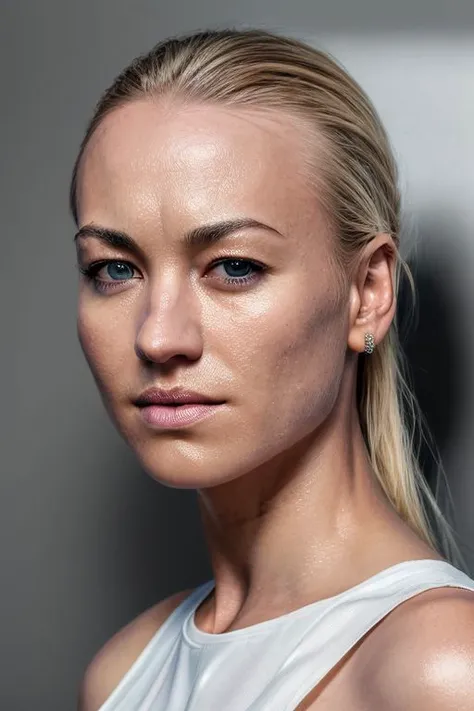 full color portrait of skswoman, oiled shiny skin,
masterpiece, best quality, sharp focus, 8k highres, ultra-detailed, rim light, (grey background:1.0), 
 <lora:Yvonne StrahovskiV3:1>