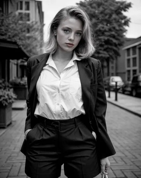 analog film photo realistic, Dutch angle, intricate details, a woman wearing Blazer, workwear and Straight-leg pants: Pants with a straight, uniform width from hips to hem. <lora:quiron_SaraStJames_v1_lora:0.57> SaraStJamesQuiron woman, . faded film, desaturated, 35mm photo, grainy, vignette, vintage, Kodachrome, Lomography, stained, highly detailed, found footage