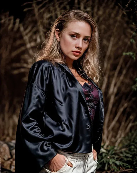 cinematic film still realistic, Dutch angle, intricate details, a woman wearing Kimono Jacket, sneakers and Tuxedo pants: Formal, tailored pants often worn with a tuxedo jacket. <lora:quiron_SaraStJames_v1_lora:0.87> SaraStJamesQuiron woman, . shallow depth of field, vignette, highly detailed, high budget Hollywood movie, bokeh, cinemascope, moody, epic, gorgeous, film grain, grainy