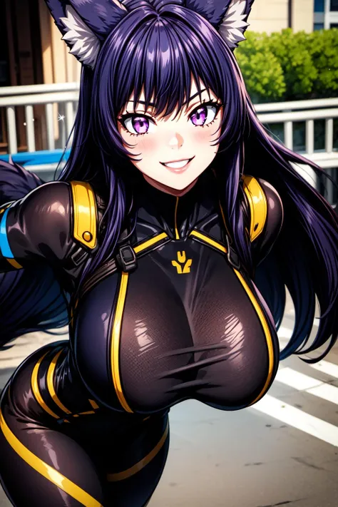 best quality, masterprice, 1girl, (solo:1.1), raytracing, ultra detailed,detailed face, 8k wallpaper, large breasts, smile, wide hips, outdoor, sitting outdoor,  DeltaNDV, long hair, animal ears, purple eyes, bangs, wolf ears, looking at viewer, wolf tail, tight clothes, bent over, crop top, leggings, crazy smile, crazy eyes, showing her ass, 