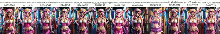 (masterpiece, best quality:1.2), intricate details, <lyco:GoodHands-beta2:1>, <lora:lol_arcade_miss_fortune-000016:1>, arcade miss fortune, 1girl, cleavage, detached sleeves, hat, headphones, pleated skirt, pink hair, multicolored hair, navel, makeup