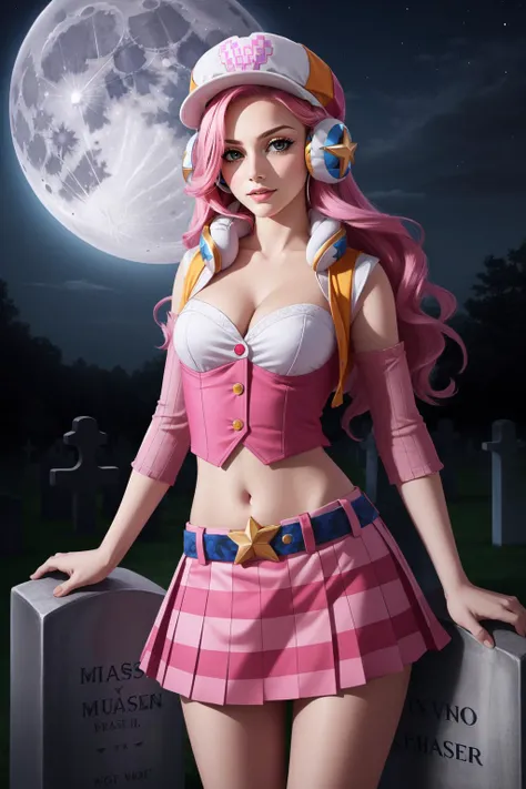 (masterpiece, best quality), intricate details,
1girl, <lora:lol_arcade_miss_fortune-000016:0.8> arcade miss fortune, 1girl, cleavage, detached sleeves, hat, headphones, pleated skirt, pink hair, multicolored hair, navel,
dark, night, moonlight, moon in sky, full moon, graveyard, scared, horror, tombstone,