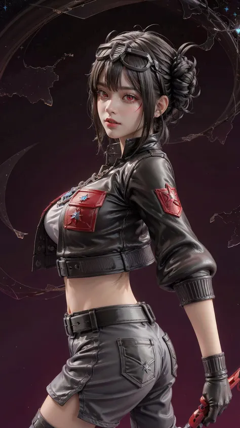RAW photo, (best quality:1.3), high resolution, (masterpiece), (photorealistic:1.4), professional photography, sharp focus, HDR, 8K resolution, intricate detail, sophisticated detail, depth of field, extremely detailed CG unity 8k wallpaper,  [Nanami Hachiro] as beautiful supermodel, extremely prefect face, extremely prefect blue eyes:1.2, extremely prefect lips,extremely prefect nose,extremely prefect ears,(smiling:1.3),(PureErosFace_V1:0.3),(naturally sagging enormous breasts:1.1), (Kpop idol makeup), dynamic pose, dynamic angle, solo, (realistic skin),  <lora:TFOPGB:0.8>, TFOPGB, double bun, gloves, (goggles on head with red lens:1.5), navel, solo, black jacket, necklace, nice hands, prefect hands,  <lyco:GoodHands-beta2:1.0>, (close up, upper body:1.5), (The background is a star map:1.5), from behind, ass