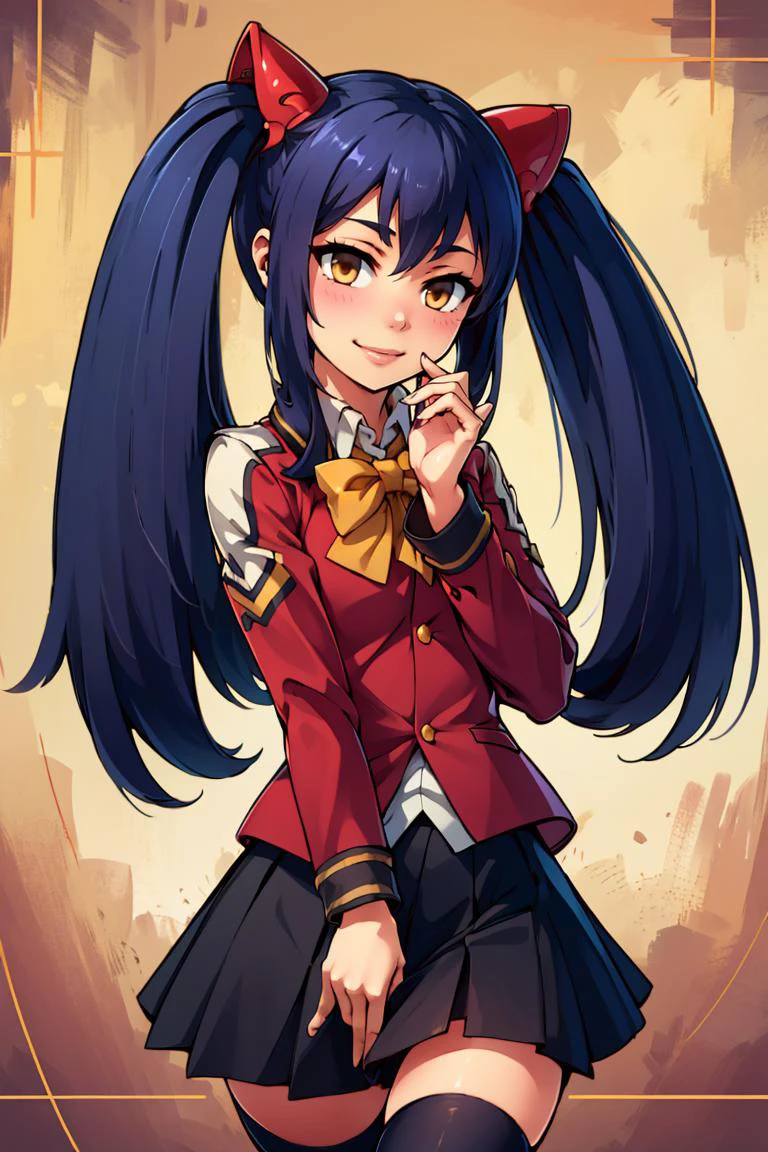 ((masterpiece,best quality)), aawendy, long hair, twintails, hair ornament, school uniform, yellow bow, red jacket, long sleeves, black skirt, black thighhighs, <lora:wendy_marvell_v1:0.7>, smile, cowboy shot