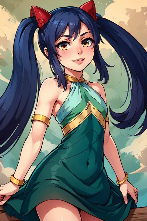 ((masterpiece,best quality)), aawendy, long hair, twintails, hair ornament, bare shoulders, green dress, sleeveless dress, armlet, bracelet, <lora:wendy_marvell_v1:0.7>, cowboy shot, smile,
