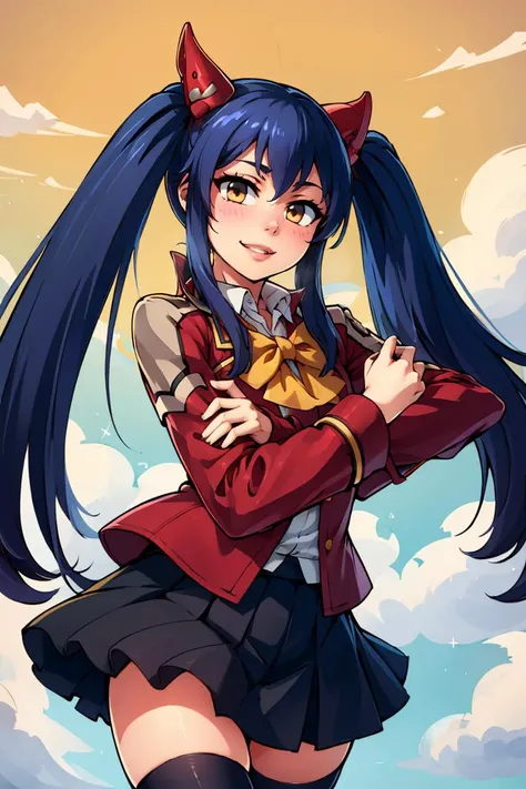 ((masterpiece,best quality)), aawendy, long hair, twintails, hair ornament, school uniform, yellow bow, red jacket, long sleeves, black skirt, black thighhighs, <lora:wendy_marvell_v1:0.7>, smile, cowboy shot