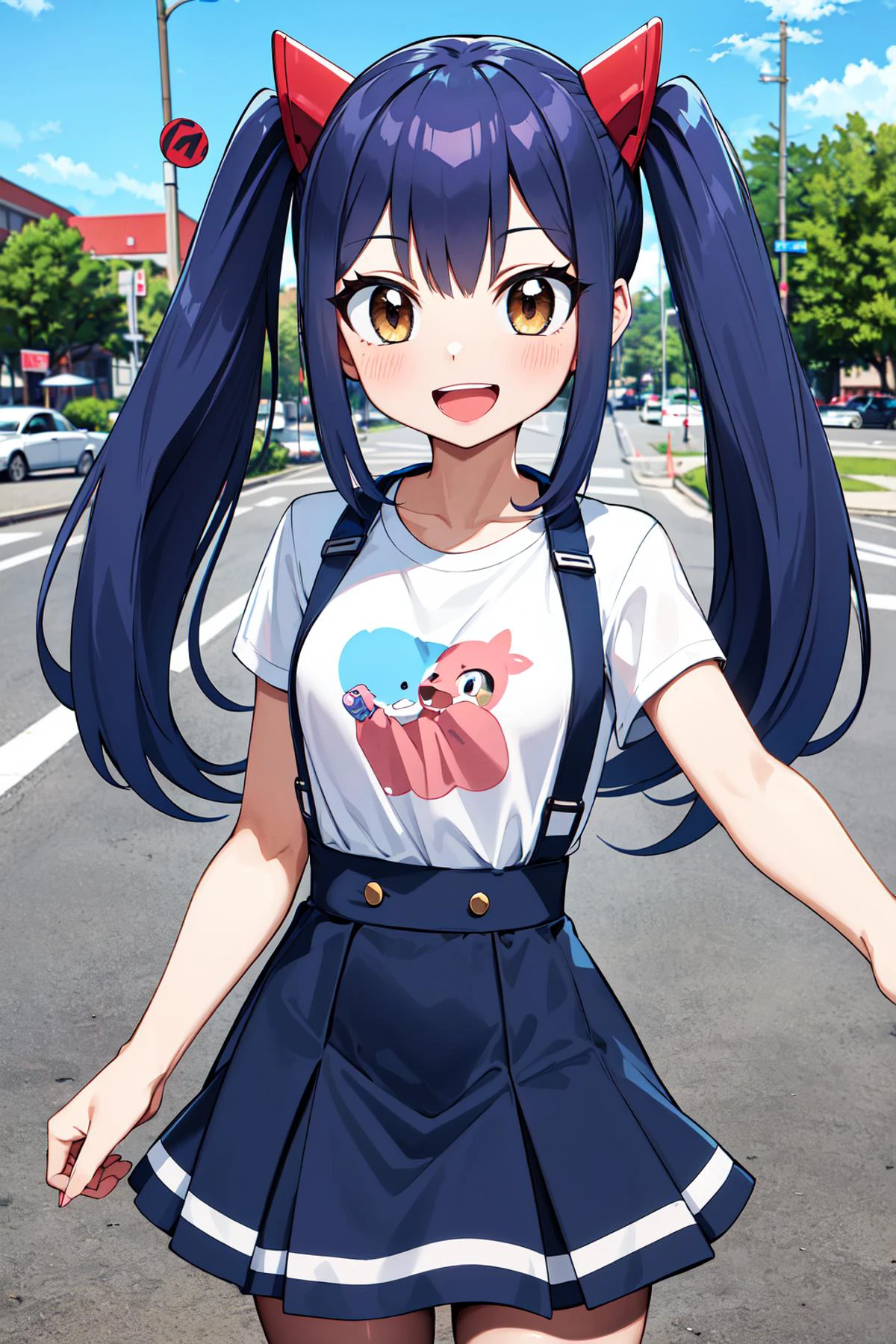 masterpiece, best quality, highres, aawendy, long hair, twintails, hair ornament, <lora:wendy_marvell_v1:0.7>, t-shirt, high-waist skirt, suspender skirt, street, smile, open mouth, cowboy shot