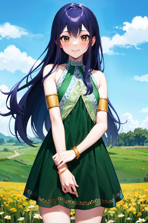masterpiece, best quality, highres, aawendy, long hair, bare shoulders, green dress, sleeveless dress, armlet, bracelet, standing, cowboy shot, smile, field