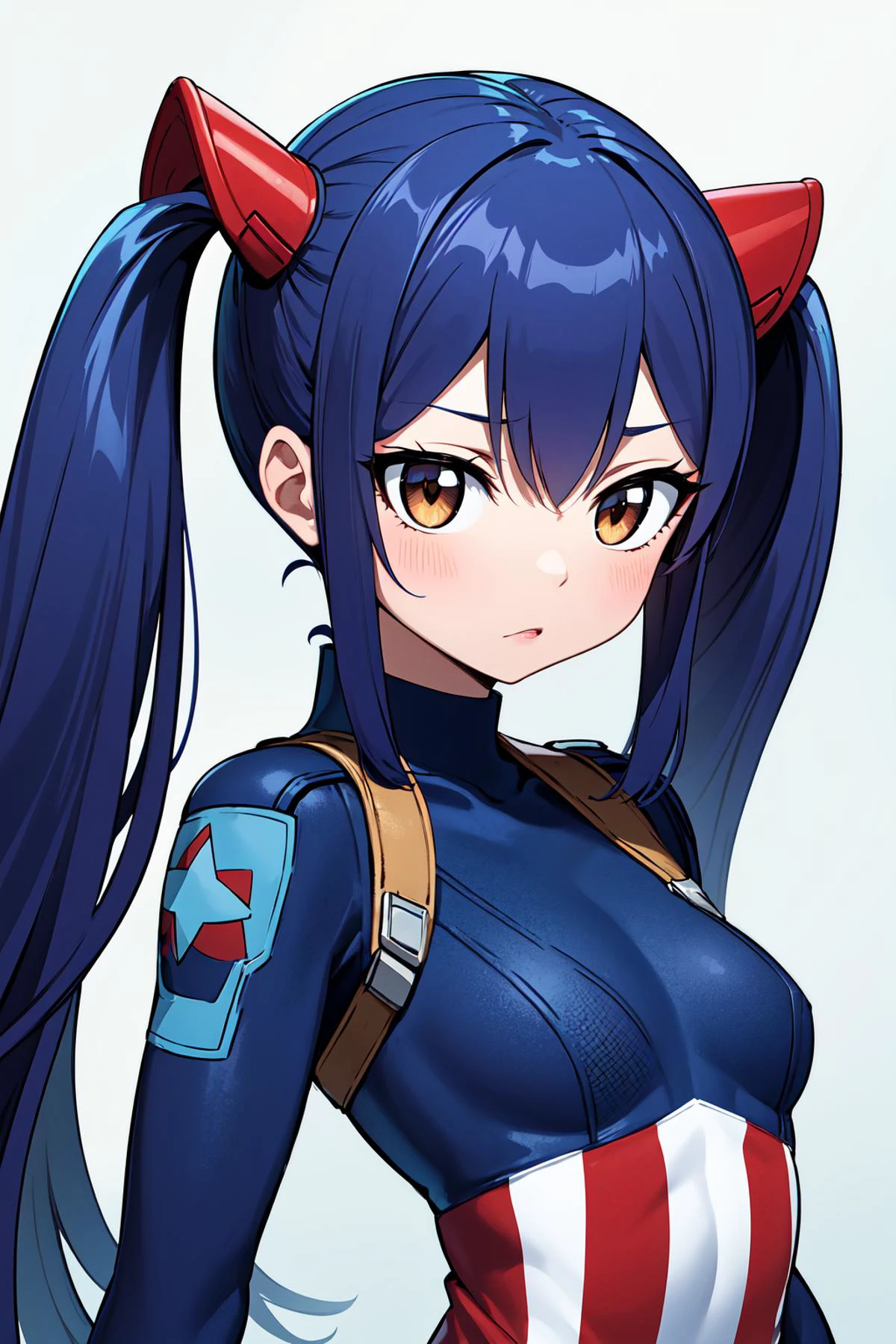 masterpiece, best quality, highres, aawendy, long hair, twintails, hair ornament, <lora:wendy_marvell_v1:0.7>, captain america, bodysuit, upper body