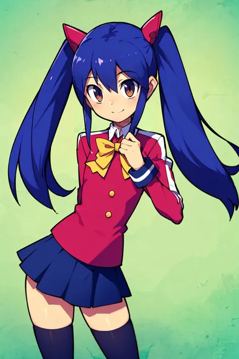 <lora:Sweet_CAT:0.8>,((masterpiece,best quality)), aawendy, long hair, twintails, hair ornament, school uniform, yellow bow, red jacket, long sleeves, black skirt, black thighhighs, <lora:wendy_marvell_v1:0.7>, smile, cowboy shot
