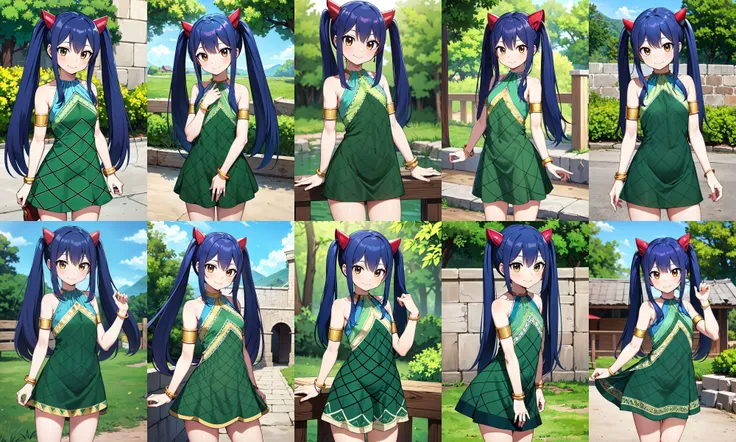 masterpiece, best quality, highres, aawendy, long hair, twintails, hair ornament, bare shoulders, green dress, sleeveless dress, armlet, bracelet, <lora:wendy_marvell_v1:0.7>, outdoors, standing, cowboy shot, smile,