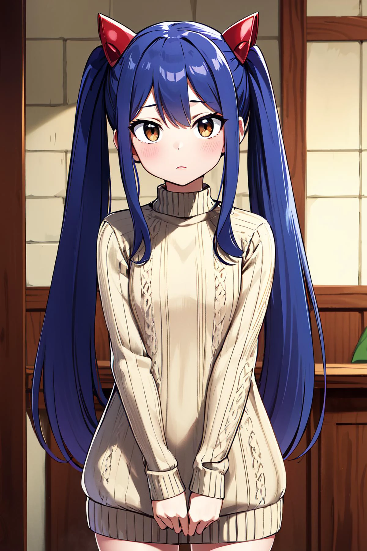masterpiece, best quality, highres, aawendy, long hair, twintails, hair ornament, <lora:wendy_marvell_v1:0.7>, sweater dress,