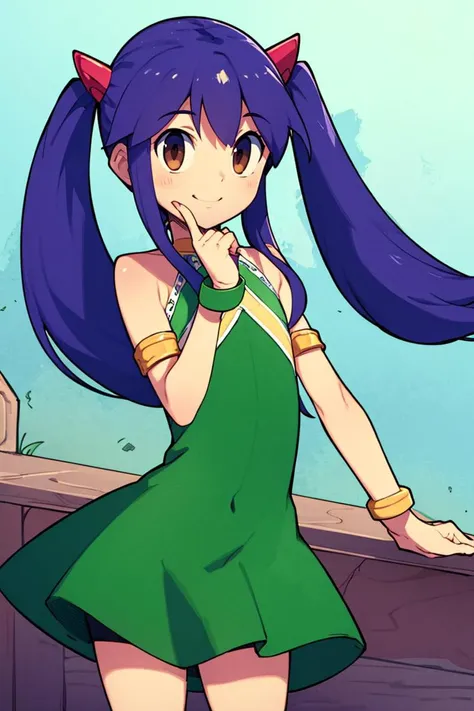 <lora:Sweet_CAT:0.8>,((masterpiece,best quality)), aawendy, long hair, twintails, hair ornament, bare shoulders, green dress, sleeveless dress, armlet, bracelet, <lora:wendy_marvell_v1:0.7>, cowboy shot, smile,