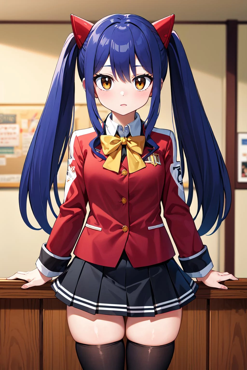 masterpiece, best quality, highres, aawendy, long hair, twintails, hair ornament, school uniform, yellow bow, red jacket, long sleeves, black skirt, black thighhighs, <lora:wendy_marvell_v1:0.7>, standing, cowboy shot, indoors, arms at sides,