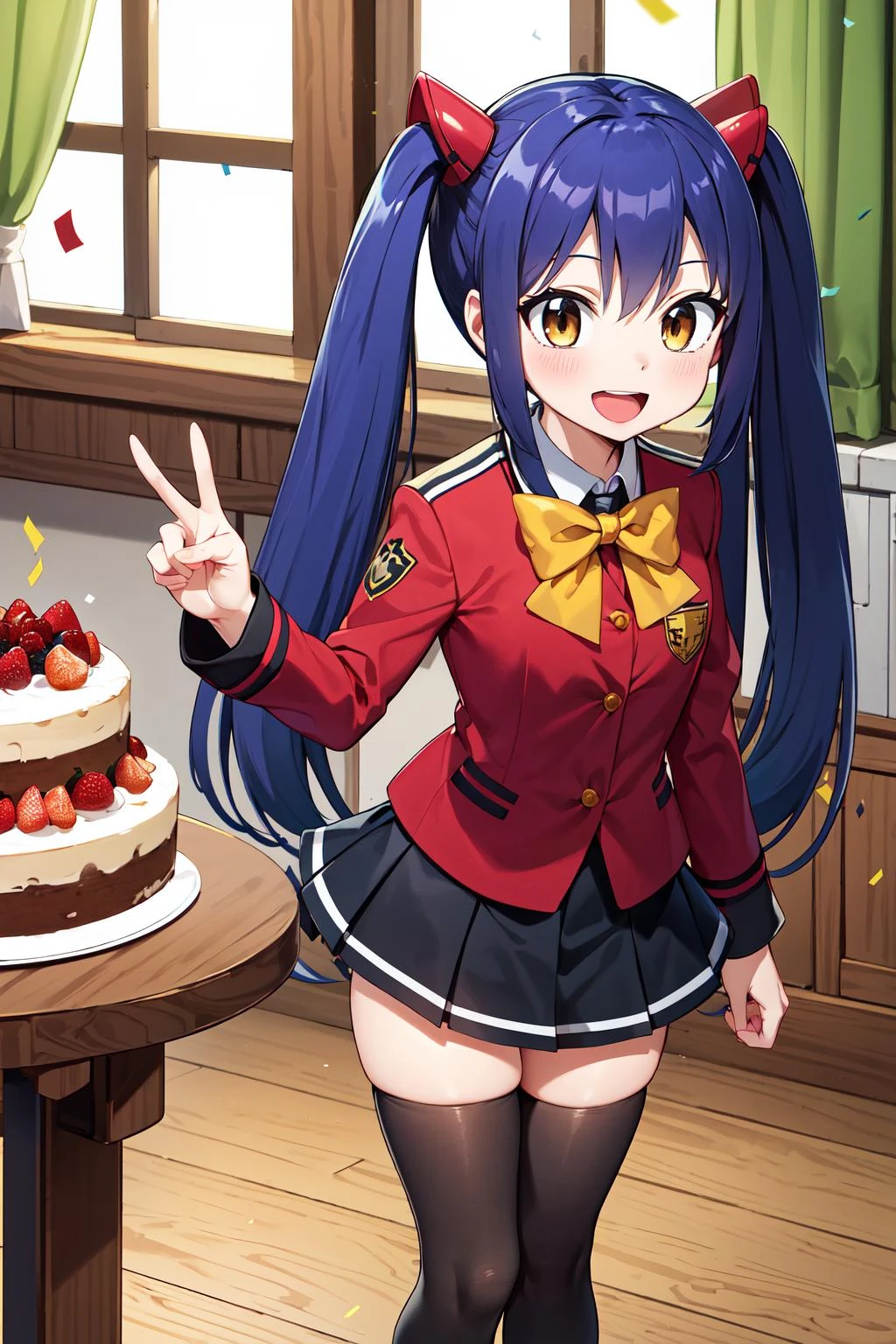 masterpiece, best quality, highres, aawendy, long hair, twintails, hair ornament, school uniform, yellow bow, red jacket, long sleeves, black skirt, black thighhighs, <lora:wendy_marvell_v1:0.7>, peace sign, smile, open mouth, indoors, confetti, table, cake, standing