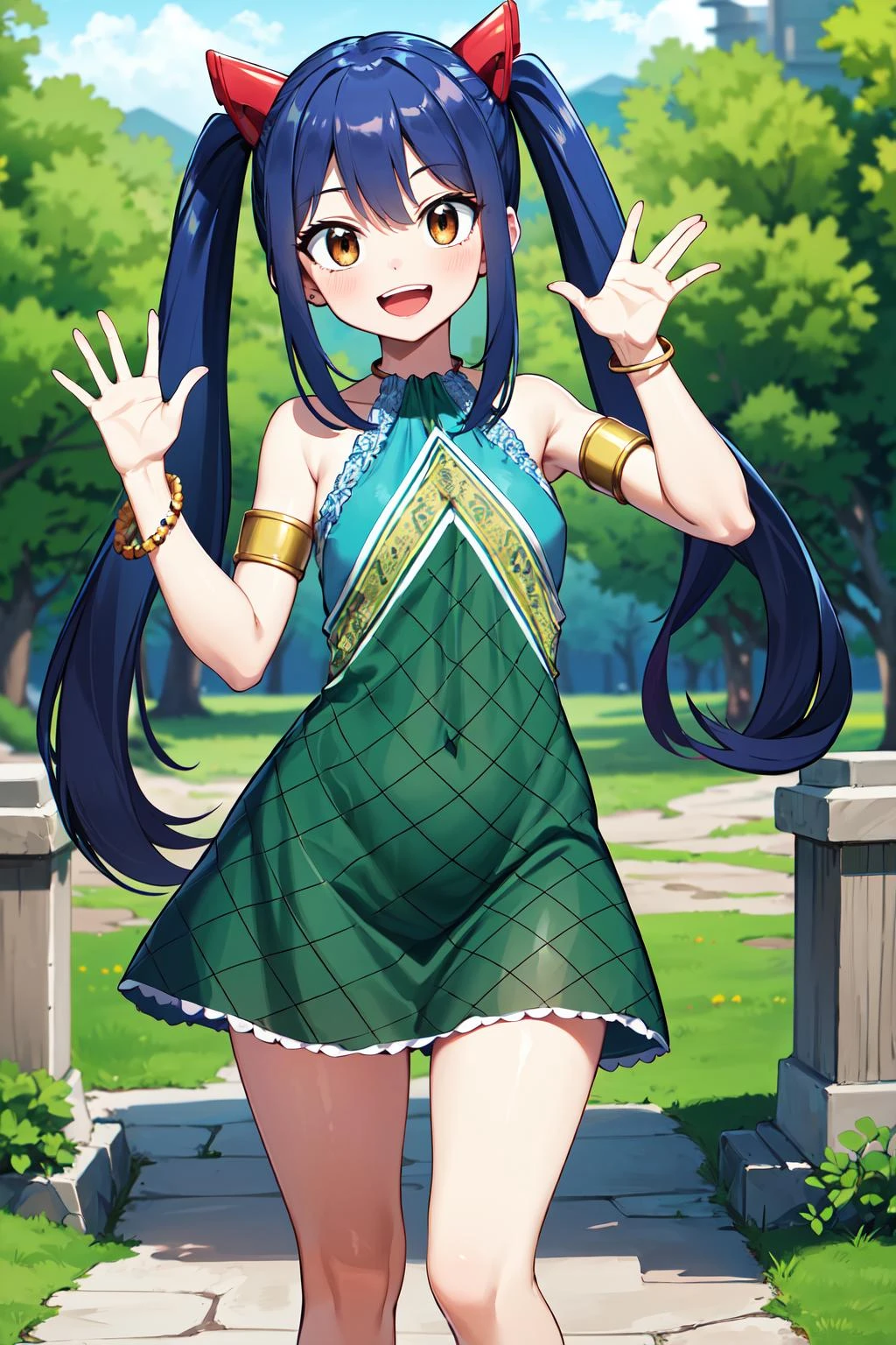 masterpiece, best quality, highres, aawendy, long hair, twintails, hair ornament, bare shoulders, green dress, sleeveless dress, armlet, bracelet, <lora:wendy_marvell_v1:0.7>, outdoors, standing, cowboy shot, smile, open mouth, waving