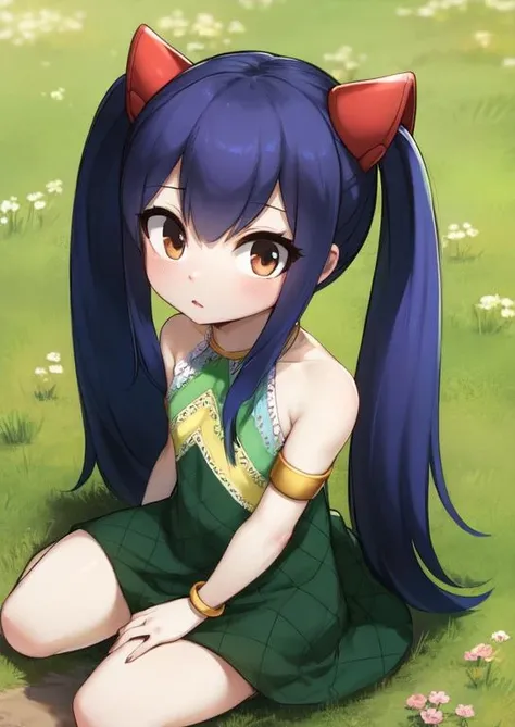 (masterpiece, best quality:1.2), extremely detailed, soft ambient lighting, sharp focus, 4K, BREAK <lora:wendy_marvell_v1:1>, 1girl, solo, aawendy, long hair, twintails, hair ornament, bare shoulders, green dress, sleeveless dress, armlet, bracelet, BREAK outdoors, nature, field, looking at viewer, sitting on floor, from above