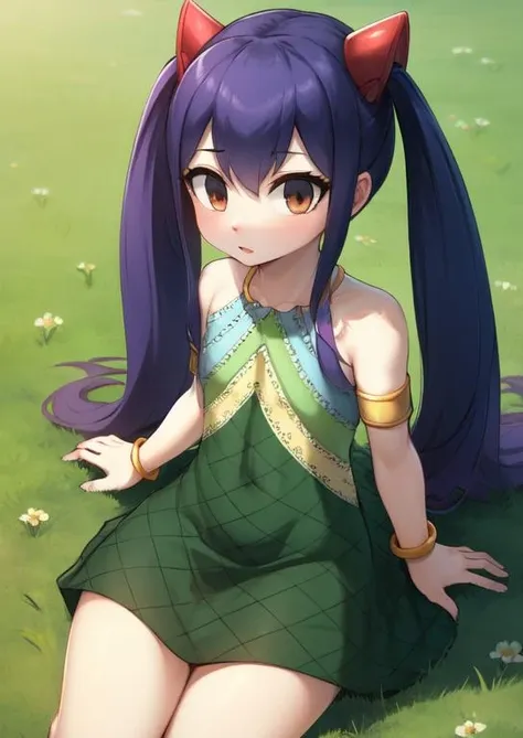 (masterpiece, best quality:1.2), extremely detailed, soft ambient lighting, sharp focus, 4K, BREAK <lora:wendy_marvell_v1:1>, 1girl, solo, aawendy, long hair, twintails, hair ornament, bare shoulders, green dress, sleeveless dress, armlet, bracelet, BREAK outdoors, nature, field, looking at viewer, sitting on floor, from above