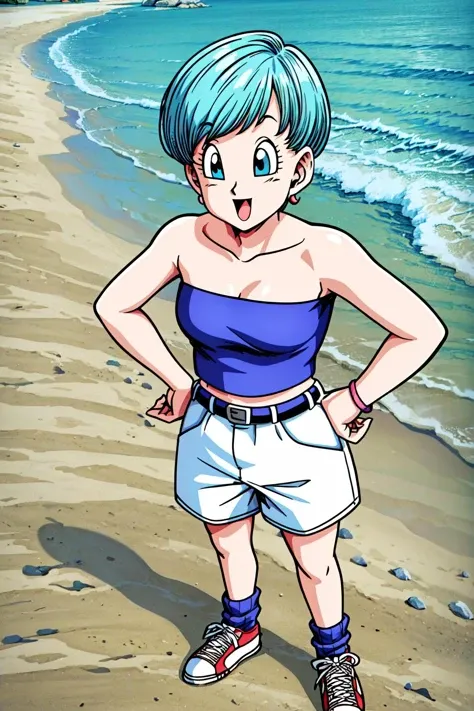 saiyan saga, bulma, short hair,  aqua hair, blue eyes, 1girl, solo, breasts, looking at viewer, smile, open mouth,  blue tube top, shirt tucked in, cleavage, standing, midriff, selfie, earrings, outdoors, white shorts, day, socks, belt, hand on hip, sneakers, beach, ocean, retro artstyle, loose socks,
<lora:add_detail:1>   <lora:bulmaz:0.7>