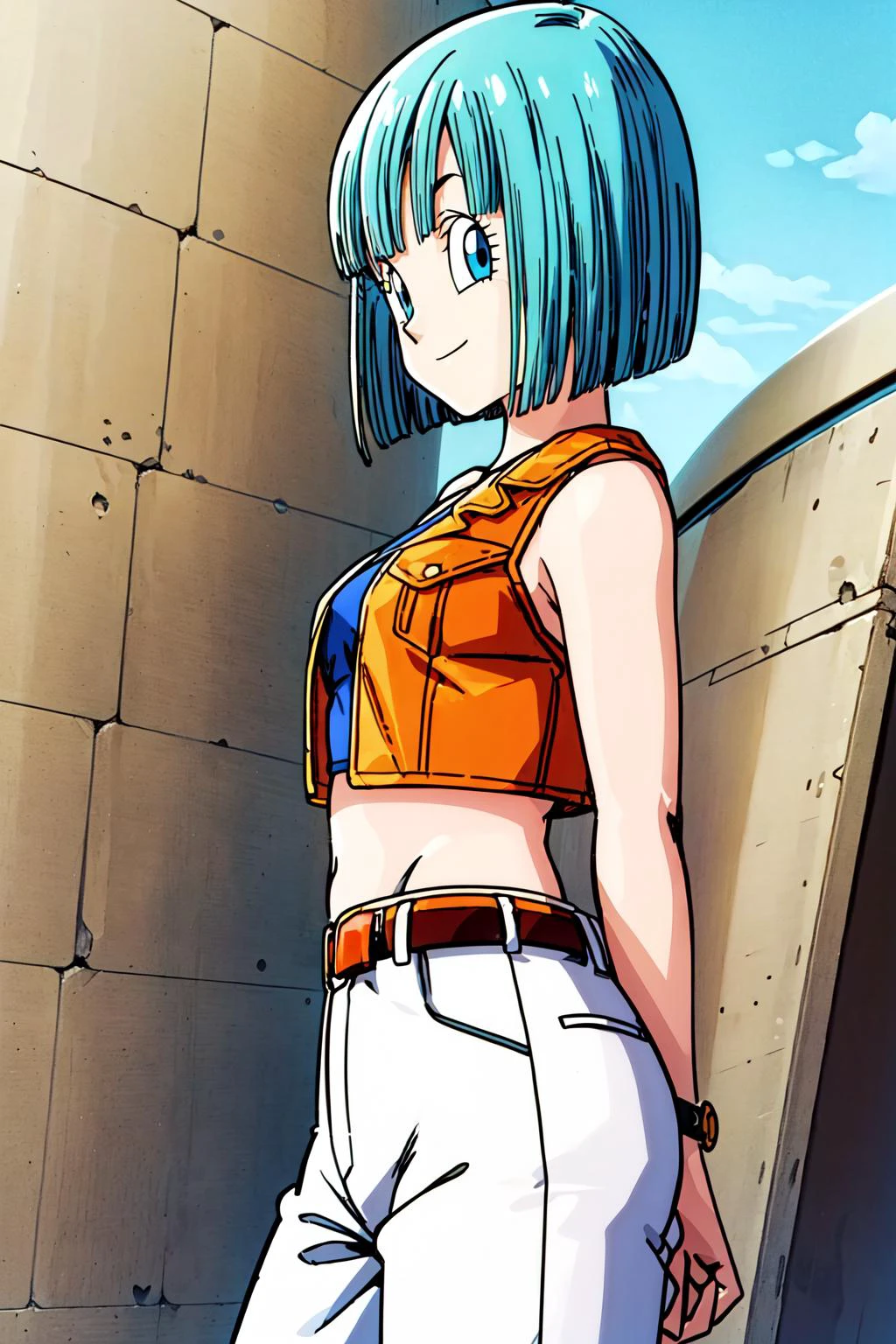 cell saga, short hair, aqua hair, bob cut, bangs, blue eyes, 1girl, solo, sleeveless jacket, open clothes, midriff, belt, orange jacket, open jacket, red crop top, white pants, wristwatch, cowboy shot, from side, looking at viewer, light smile,
<lora:add_detail:1> <lora:bulmaz:0.7>