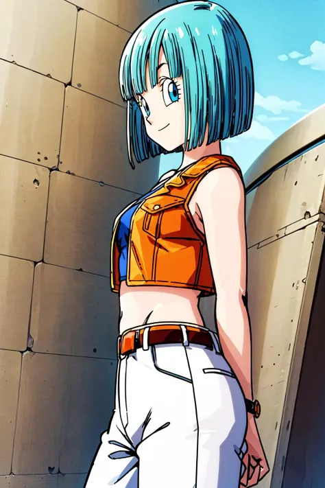 cell saga, short hair, aqua hair, bob cut, bangs, blue eyes, 1girl, solo, sleeveless jacket, open clothes, midriff, belt, orange jacket, open jacket, red crop top, white pants, wristwatch, cowboy shot, from side, looking at viewer, light smile,
<lora:add_detail:1> <lora:bulmaz:0.7>