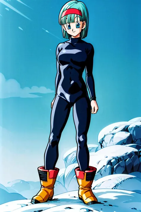 namek saga, bulma, 1girl, solo, breasts, looking at viewer, smile, short hair, aqua hair, fringe trim, blue eyes, black bodysuit, long sleeves, red hairband, yellow boots, socks, blue grass,
<lora:add_detail:1> <lora:bulmaz:0.7>