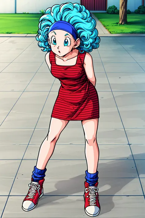 cell saga, curly hair, afro, aqua hair, blue eyes, blue headband, bulma, 1girl, solo, red striped dress, short dress, socks, striped, red footwear, sneakers
<lora:add_detail:1> <lora:bulmaz:0.7>