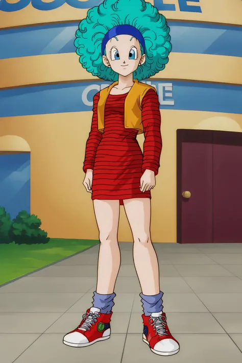 source_anime, score_9, score_8_up, score_7_up, anime screencap,
cell saga, curly hair, afro, aqua hair, blue eyes, blue headband, bulma, 1girl, solo, red striped dress, short dress, socks, striped, red footwear, sneakers
<lora:bulma_Z_pony_v1:0.8>
