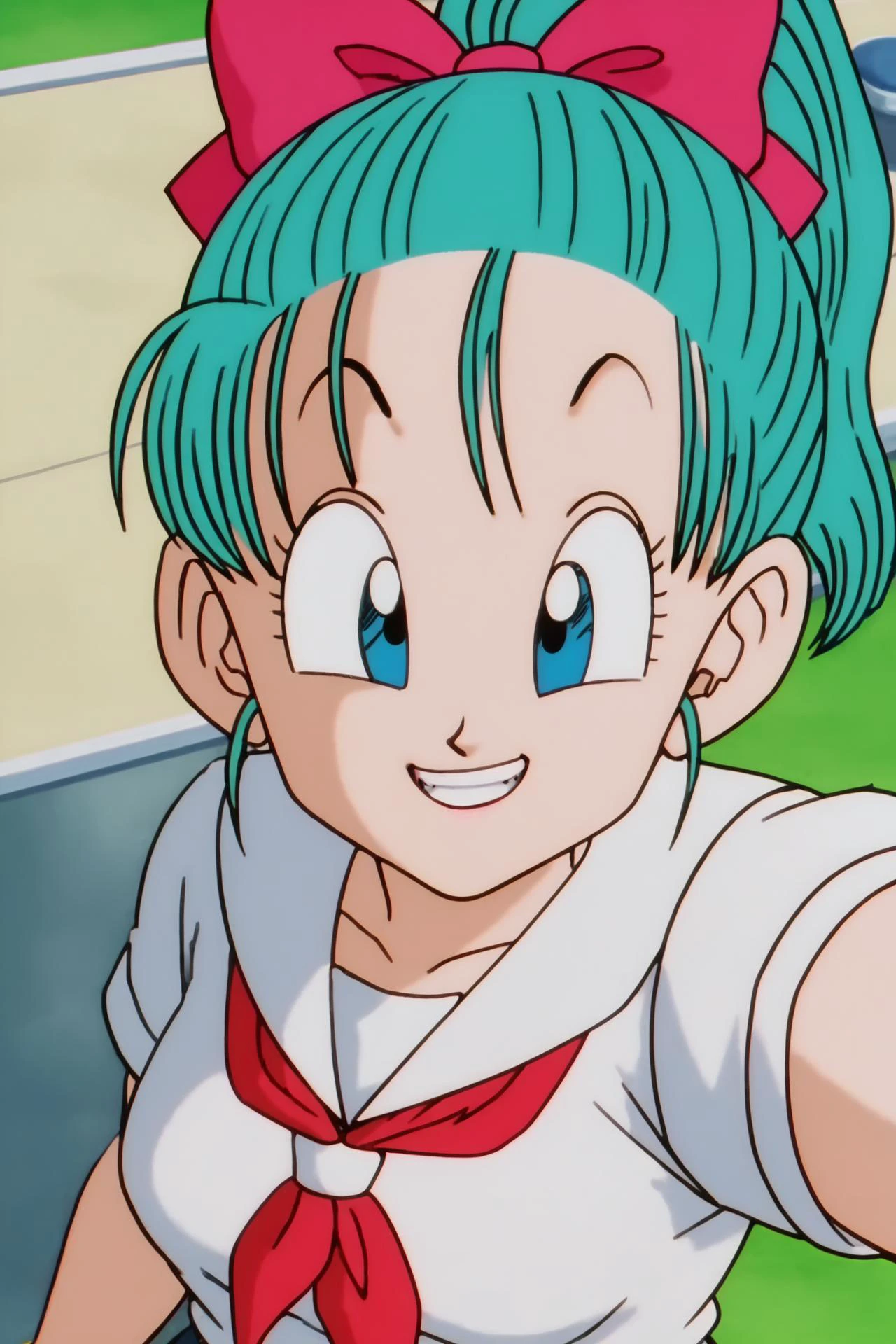 source_anime, score_9, score_8_up, score_7_up, anime screencap,
bulmasaiyan saga, bulma, aqua hair, blue eyes, high ponytail, hair bow, hair ribbon, school uniform, smile, teeth, selfie, from above, city, bridge, sunlight,
<lora:bulma_Z_pony_v1:0.8>