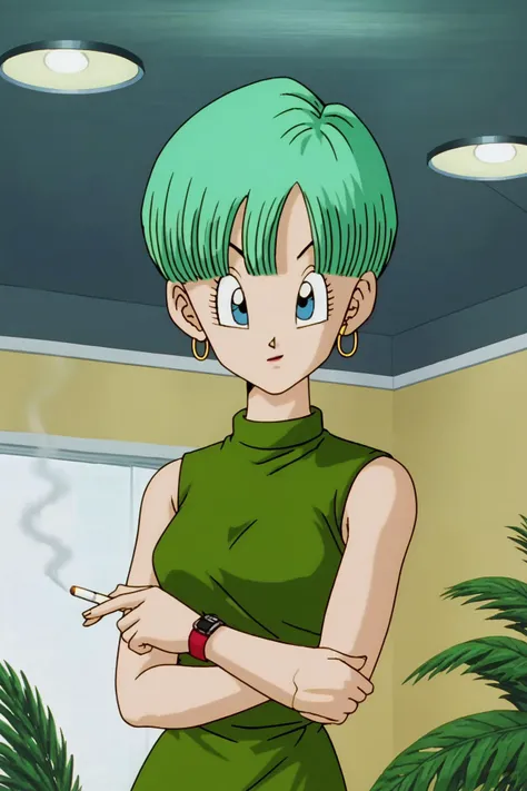 source_anime, score_9, score_8_up, score_7_up, anime screencap,
buu saga, bulma, 1girl, solo, looking at viewer, bowl cut, very short hair, blue eyes, holding, jewelry, upper body, earrings, green hair, sleeveless, indoors, bracelet, smoke, watch, cigarette, hoop earrings, green dress, smoking, wristwatch, lighting cigarette,
<lora:bulma_Z_pony_v1:0.8>