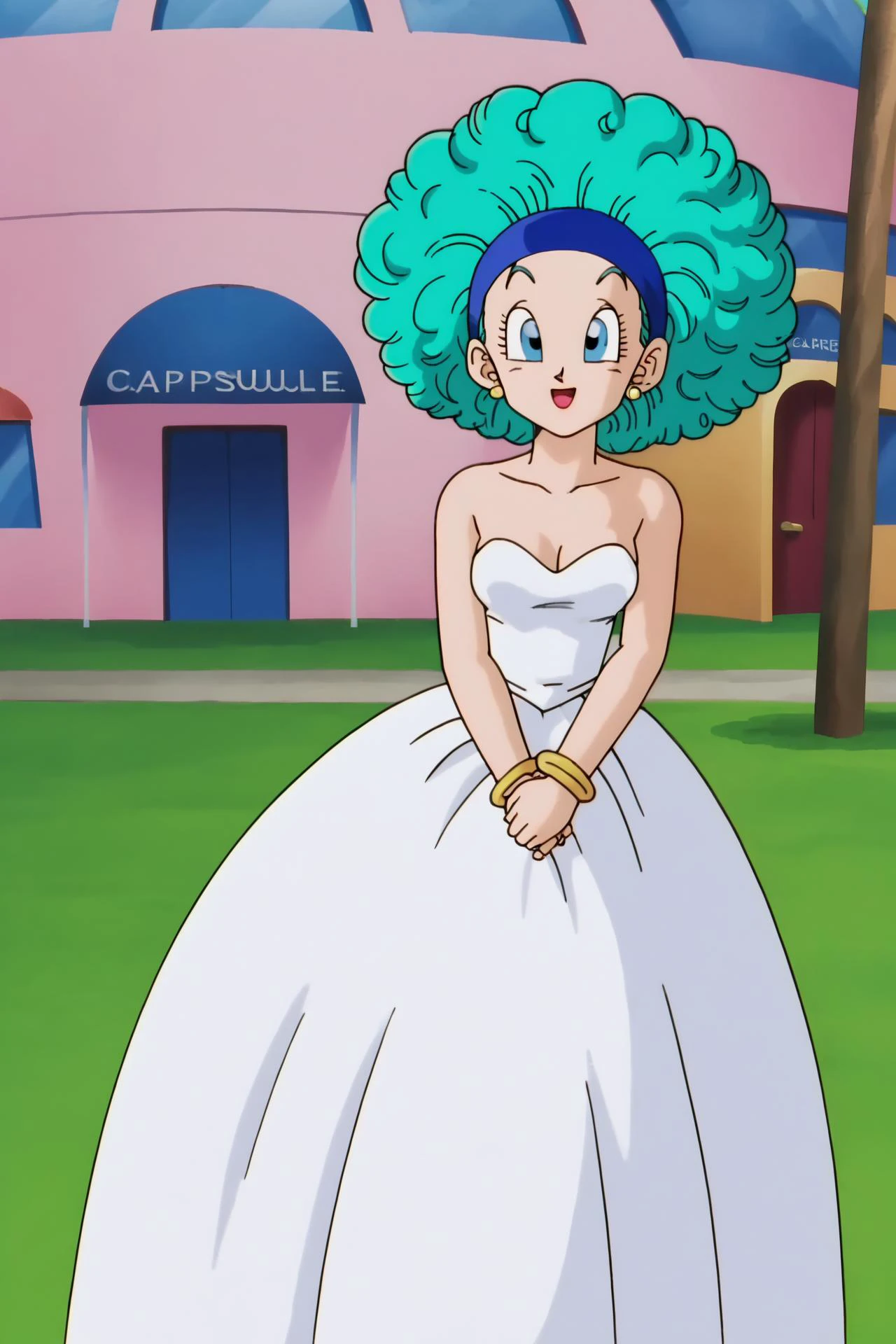 source_anime, score_9, score_8_up, score_7_up, anime screencap,
cell saga, curly hair, afro, aqua hair, blue eyes, blue headband, bulma, wedding dress,
<lora:bulma_Z_pony_v1:0.8>