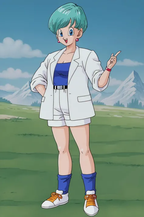 source_anime, score_9, score_8_up, score_7_up, anime screencap,
saiyan saga, bulma, short hair, aqua hair, blue eyes, 1girl, solo, breasts, looking at viewer, smile, open mouth, blue tube top, shirt tucked in, cleavage, standing, labcoat, full body, earrings, outdoors, white shorts, day, socks, belt, hand on hip, sneakers, mountain, retro artstyle, loose socks, mountainous horizon,
<lora:bulma_Z_pony_v1:0.8>