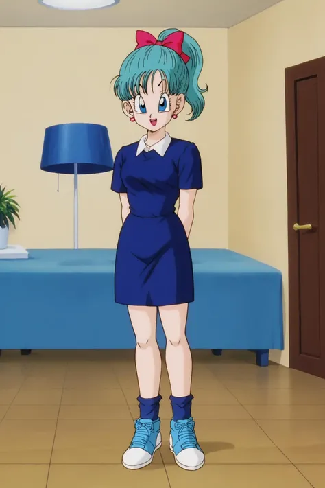 source_anime, score_9, score_8_up, score_7_up, anime screencap,
saiyan saga, bulma, aqua hair, blue eyes, high ponytail, hair bow, hair ribbon, 1girl, solo, looking at viewer, smile, open mouth, inside, short sleeves, earrings, socks, photo, blue dress, sneakers, blue footwear,
 <lora:bulma_Z_pony_v1:0.8>