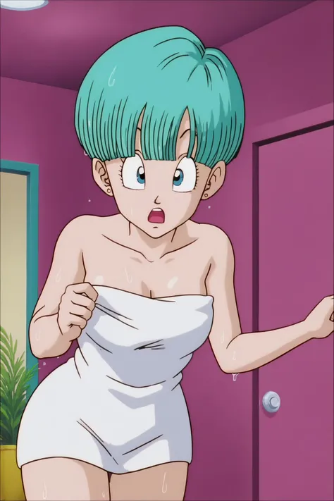 source_anime, score_9, score_8_up, score_7_up, anime screencap,
Namek saga, bulma, 1girl, solo, breasts, looking at viewer, annoyed, short hair, aqua hair, fringe trim, blue eyes, standing up, tank top, light gray panties,bend over, sexy, (((close up))), ((spaceship)), back, red headband, metal plates, red tiled floor, undressing, ((underboob))