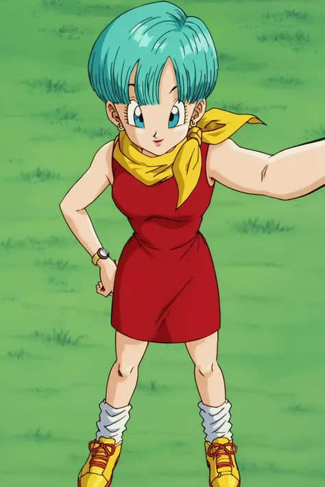 source_anime, score_9, score_8_up, score_7_up, anime screencap,
bulma, 1girl, solo, buu saga, aqua hair, very short hair, bowl cut, blue eyes, wristwatch, yellow scarf, red dress, sleeveless, loose socks, yellow sneakers, grass, field, selfie, from above,
<lora:bulma_Z_pony_v1:0.8>