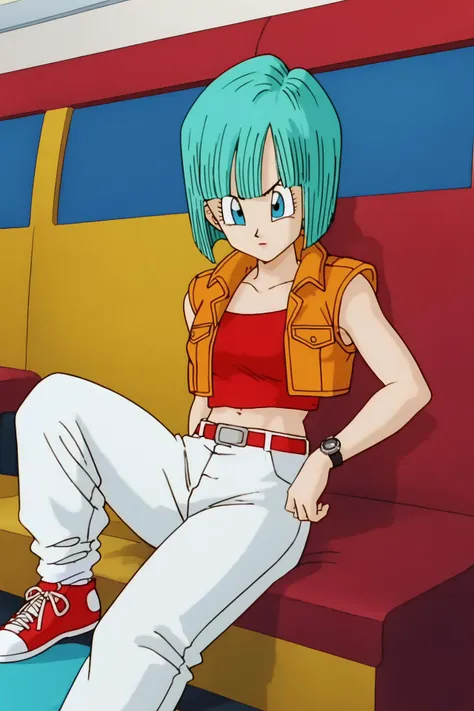 source_anime, score_9, score_8_up, score_7_up, anime screencap,
bulma, cell saga, short hair, aqua hair, bob cut, bangs, blue eyes, 1girl, solo, sleeveless jacket, open clothes, midriff, belt, orange jacket, open jacket, red crop top, white pants, wristwatch, loose socks, red footwear, sneakers
 <lora:bulma_Z_pony_v1:0.8>