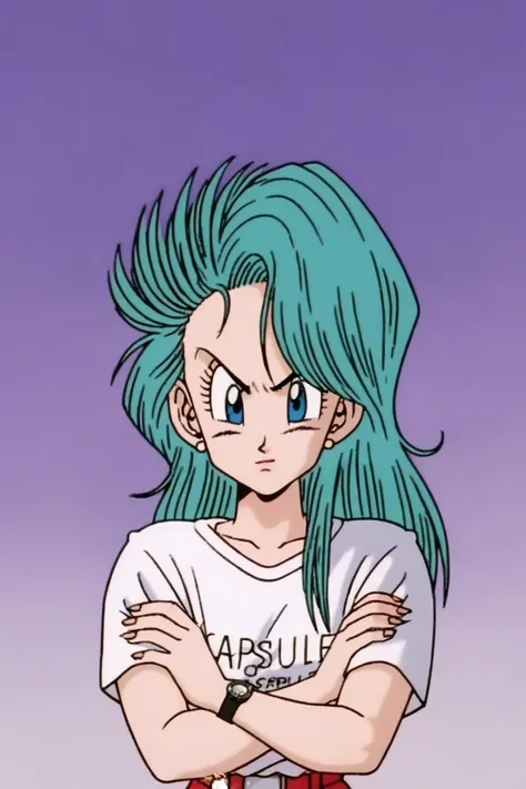 source_anime, score_9, score_8_up, score_7_up, anime screencap,
saiyan saga, bulma, messy hair, aqua hair, long hair, looking at viewer, blue eyes, 1girl, solo, long hair, looking at viewer, jewelry, white shirt, short sleeves, stud earrings, sky, belt, red pants, cloud, clothing_grab, fingernails, crossed arms, t-shirt, clothes writing, watch, retro artstyle, wristwatch,
 <lora:bulma_Z_pony_v1:0.8>