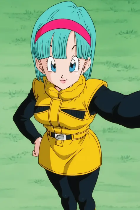 source_anime, score_9, score_8_up, score_7_up, anime screencap,
bulma, namek saga, 1girl, solo, breasts, looking at viewer, smile, short hair, blue eyes, yellow jacket, yellow skirt, pantyhose, belt, black pantyhose, aqua hair, selfie, from above, smile, happy, fringe trim, red hairband,
<lora:bulma_Z_pony_v1:0.8>