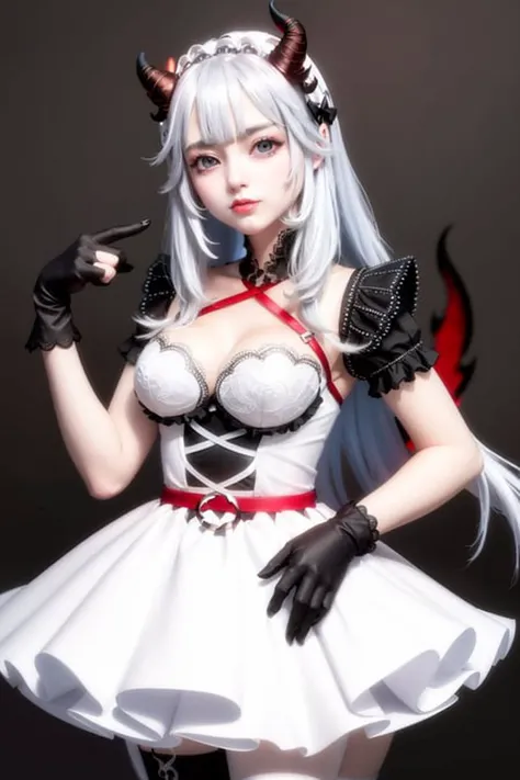 masterpiece, best quality,veibae, 1girl, virtual youtuber, horns, breasts, blue eyes, gloves, tail, solo, demon tail, long hair, maid headdress, black gloves, cleavage, demon horns, thighhighs