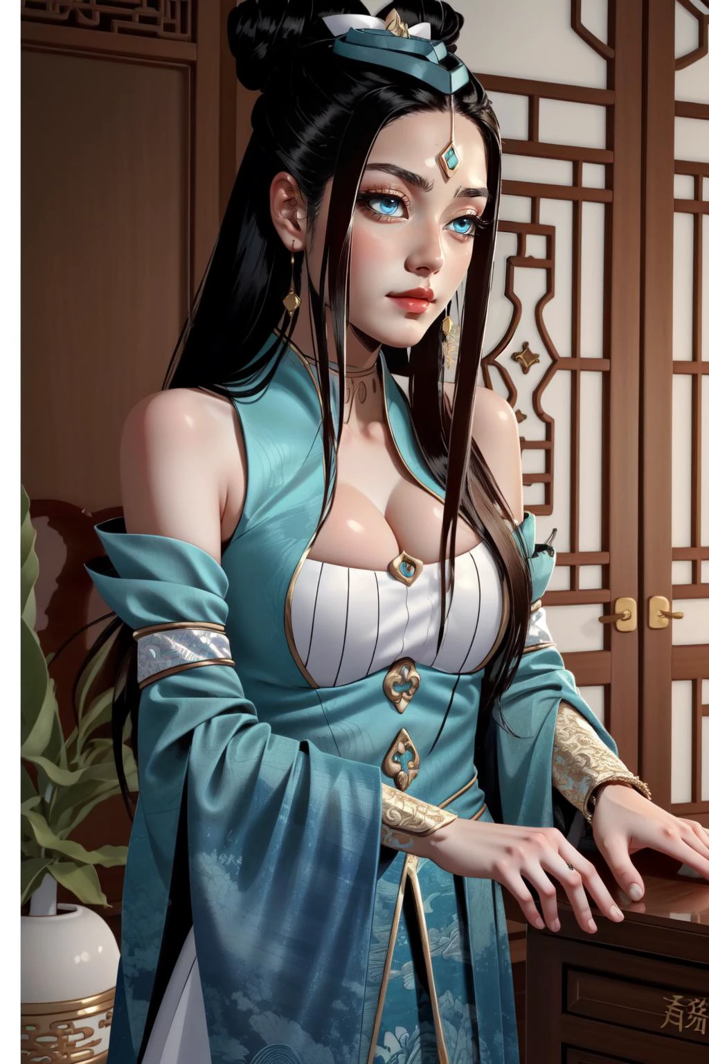 (masterpiece, best quality), intricate details, (fractal art:1.2),
(1girl), <lora:suqingge:0.8> suqingge, 1girl, solo, long hair, black hair, dress, bare shoulders, jewelry, earrings, chinese clothes, cleavage, hair ornament, large breasts, blue eyes, detached sleeves, hanfu,