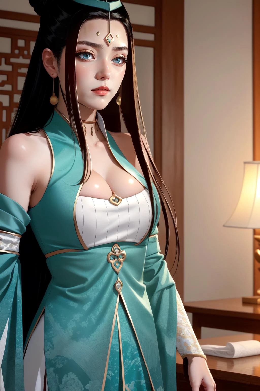 (masterpiece, best quality), intricate details, (fractal art:1.2),
(1girl), <lora:suqingge:0.8> suqingge, 1girl, solo, long hair, black hair, dress, bare shoulders, jewelry, earrings, chinese clothes, cleavage, hair ornament, large breasts, blue eyes, detached sleeves, hanfu,