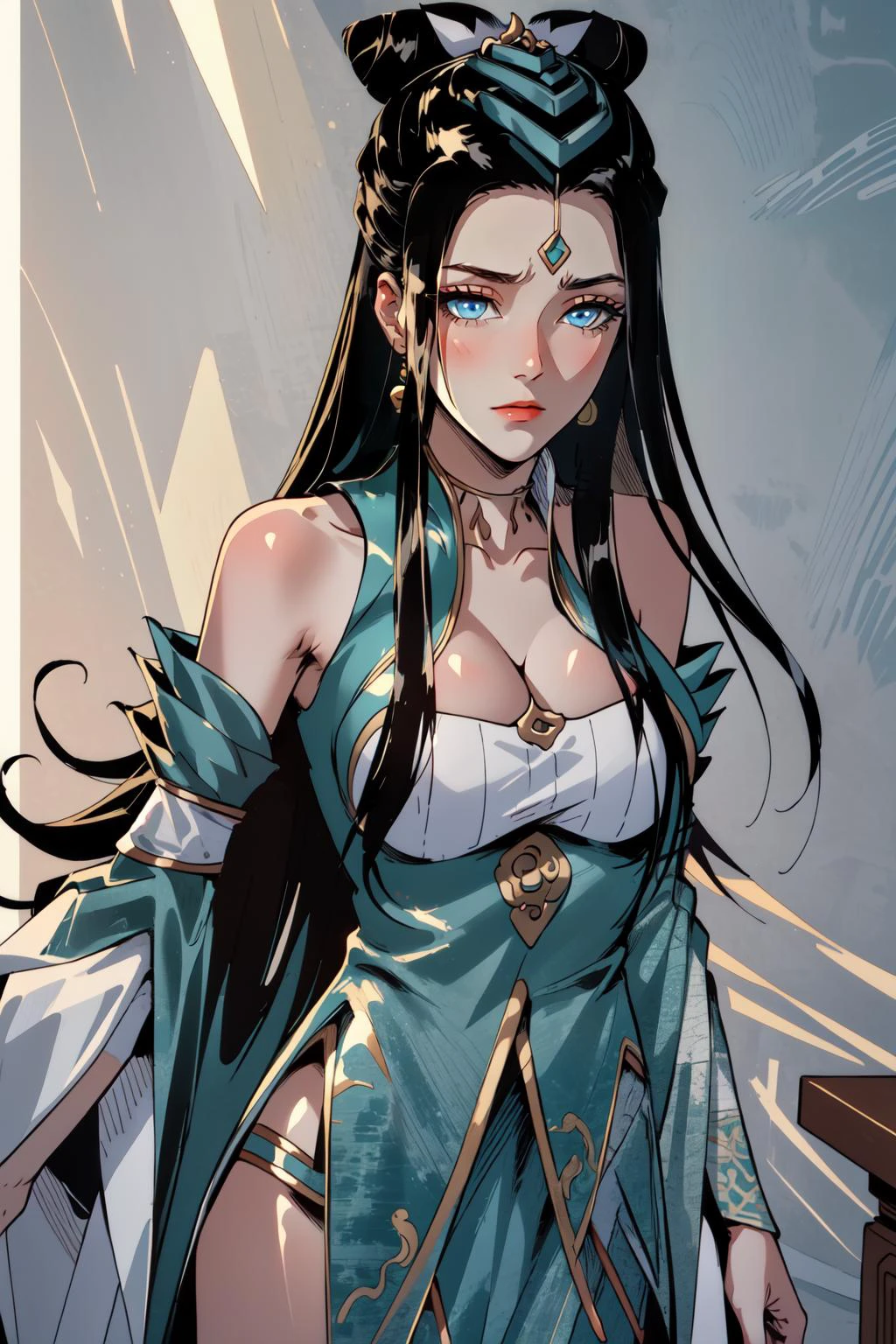 (masterpiece, best quality), intricate details, (fractal art:1.2),
(1girl), <lora:suqingge:0.8> suqingge, 1girl, solo, long hair, black hair, dress, bare shoulders, jewelry, earrings, chinese clothes, cleavage, hair ornament, large breasts, blue eyes, detached sleeves, hanfu,