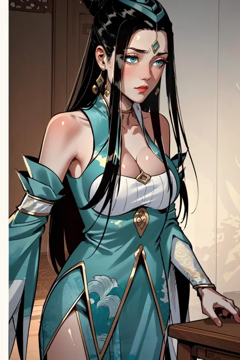 (masterpiece, best quality), intricate details, (fractal art:1.2),
(1girl), <lora:suqingge:0.8> suqingge, 1girl, solo, long hair, black hair, dress, bare shoulders, jewelry, earrings, chinese clothes, cleavage, hair ornament, large breasts, blue eyes, detached sleeves, hanfu,