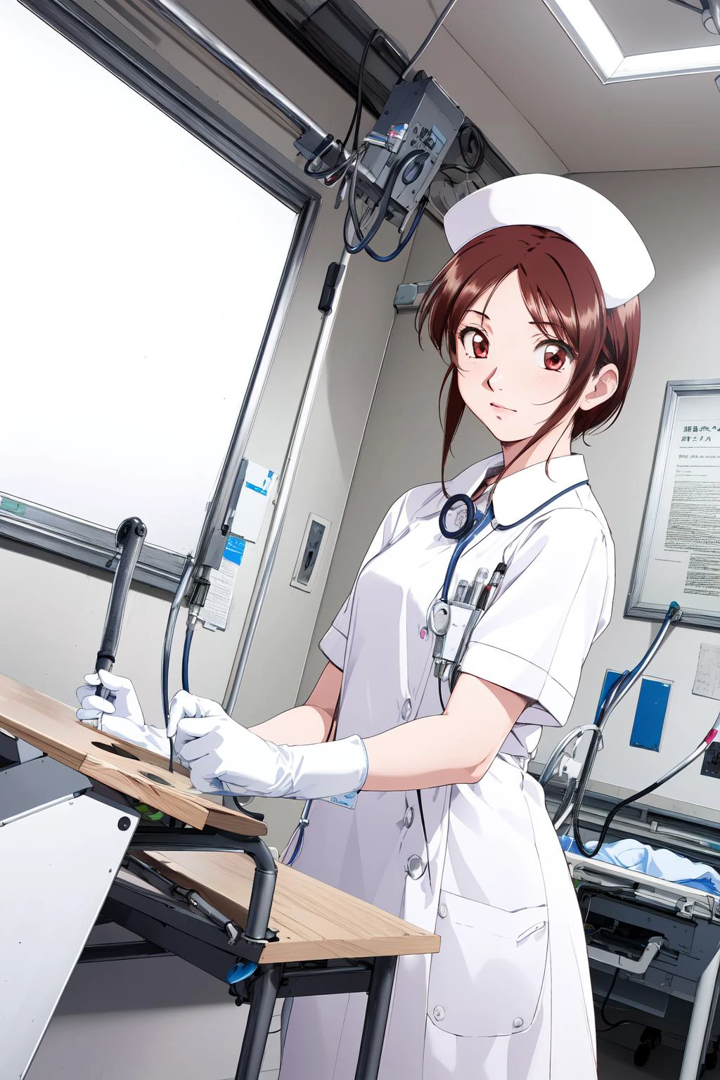 (RAW photo, best quality), wide angle photo, masterpiece, 1girl, natural lighting
hospital, operating room, surgical gloves,
(((White))) nurse uniform smooth, nurse, nurse hat, stethoscope <lora:NurseUniform0_1:0.8>,
<lora:innai_kansen_kuramoto_chihaya_v2_2:1>, kuramoto chihaya,