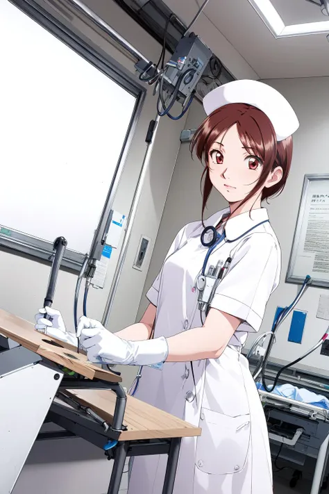(RAW photo, best quality), wide angle photo, masterpiece, 1girl, natural lighting
hospital, operating room, surgical gloves,
(((White))) nurse uniform smooth, nurse, nurse hat, stethoscope <lora:NurseUniform0_1:0.8>,
<lora:innai_kansen_kuramoto_chihaya_v2_2:1>, kuramoto chihaya,