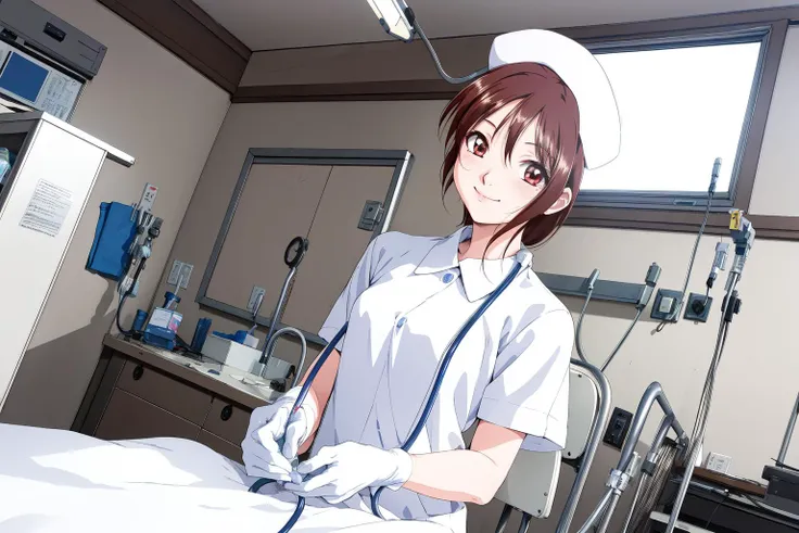 (RAW photo, best quality), wide angle photo, masterpiece, 1girl,  natural lighting
hospital, operating room, surgical gloves, 
(((White))) nurse uniform smooth, nurse, nurse hat, stethoscope  <lora:NurseUniform0_1:0.8>,
 <lora:innai_kansen_kuramoto_chihaya_v2_2:1>, kuramoto chihaya, smile,