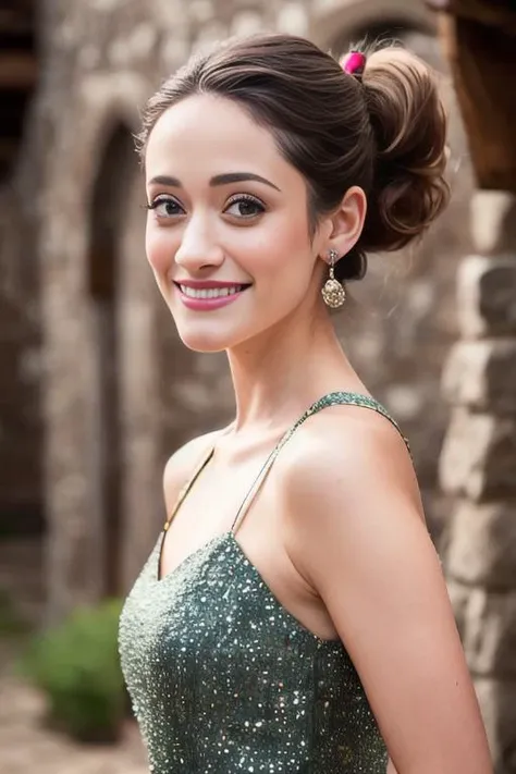 portrait of Emmy Rossum, smiling , wearing designer wear , with ash brown Ponytail , background medieval village epic (photo, studio lighting, hard light, sony a7, 50 mm, matte skin, pores, colors, hyperdetailed, hyperrealistic), <lyco:Emmy RossumV2:1.2>